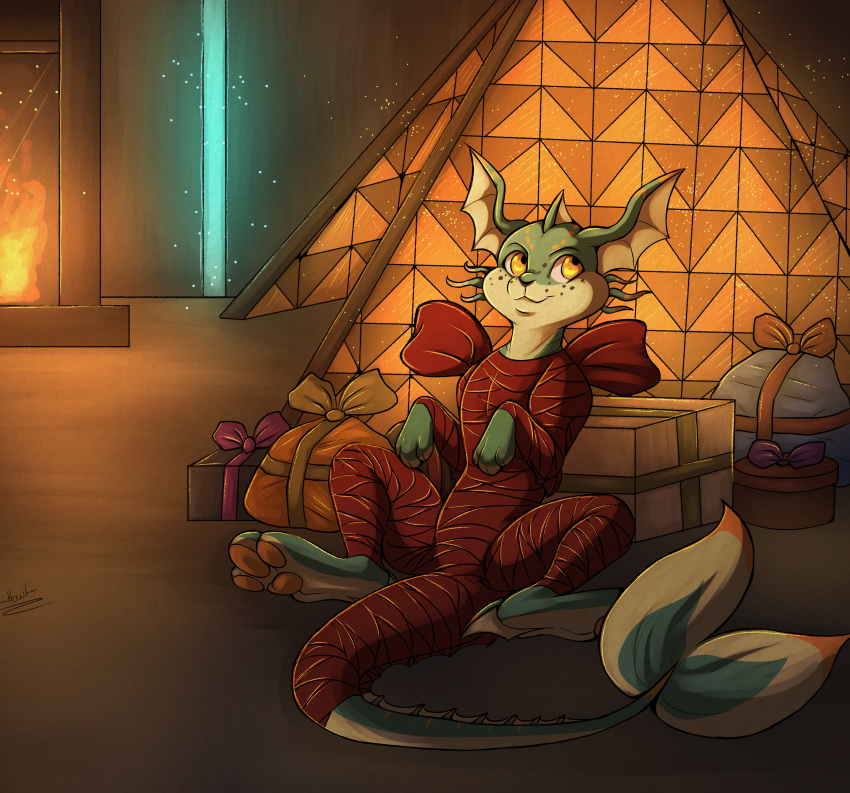 absurd_res anthro aukai canid canine christmas christmas_gifts digital_media_(artwork) ear_fins female feral fervent_entropy fin fireplace fox freckles gift_wrapped hi_res holidays howlart mammal marine naia sitting spread_legs spreading