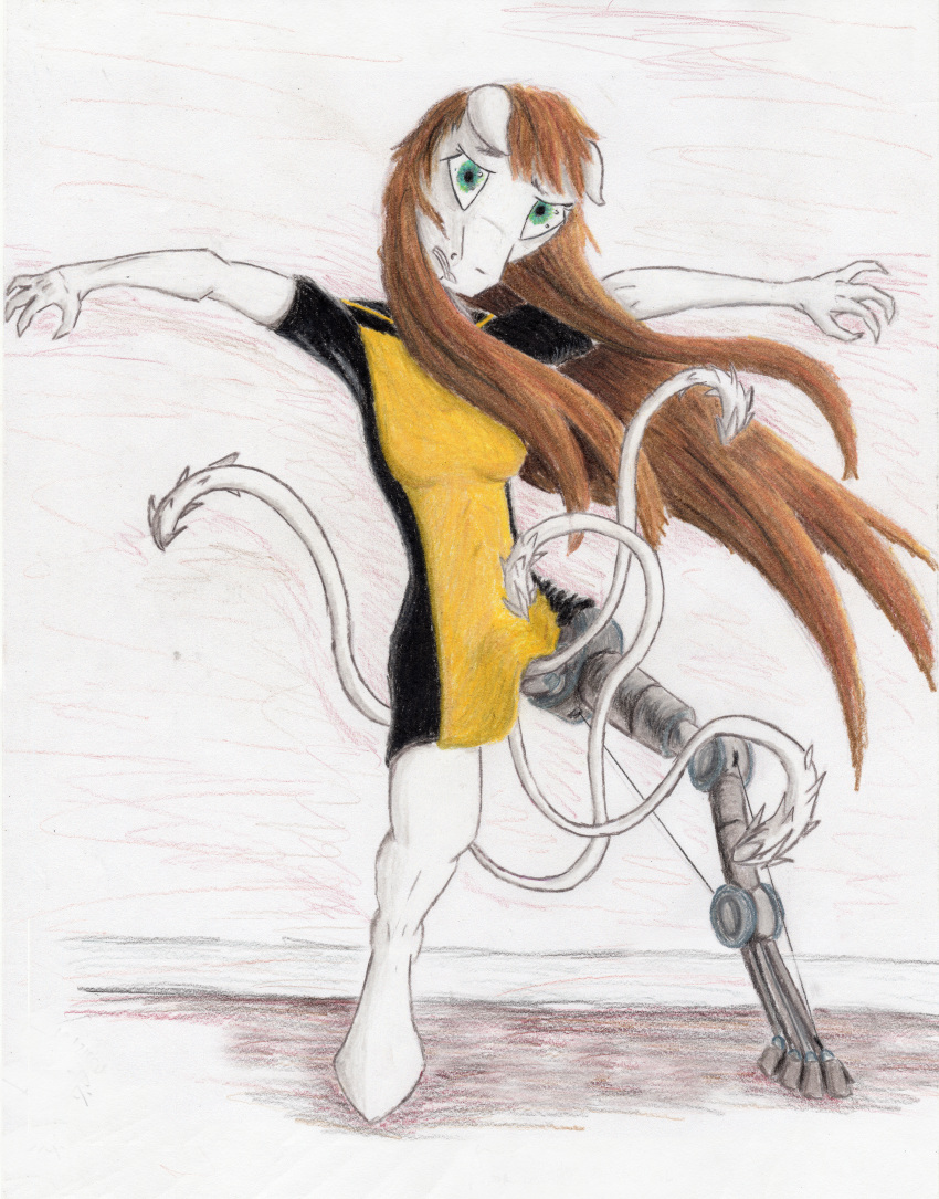 4_fingers absurd_res anthro barbed_tentacle blue_eyes brown_mane colored_pencil colored_pencil_(artwork) earth_pony equid equine fan_character female fingers fur green_eyes hair hi_res hooves horse long_hair mammal mane mane_hair multi_limb my_little_pony nervous penis_tentacles pony prosthetic prosthetic_leg prosthetic_limb raepture starfleet_uniform tentacles traditional_media_(artwork) white_body white_fur