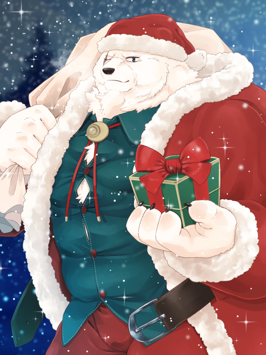 00makumakuma00 2019 anthro black_nose bottomwear christmas clothing crushfang_(sdorica_sunset) fur hat headgear headwear hi_res holidays humanoid_hands male mammal overweight overweight_male pants polar_bear santa_claus santa_hat scar sdorica sdorica_sunset shirt solo topwear ursid ursine white_body white_fur