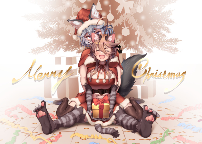 2girls ahoge animal_ears asagaya_rin black_legwear box breasts brown_hair cat_ears cat_paws cat_tail cleavage closed_eyes english_text eyebrows_visible_through_hair fang fur fur_trim gift gift_box grey_hair hat heterochromia hug large_breasts looking_at_viewer medium_breasts merry_christmas multiple_girls open_mouth original paws santa_costume santa_hat short_hair short_hair_with_long_locks sitting tail thighhighs wariza yagatake_arashi yana_(nekoarashi)