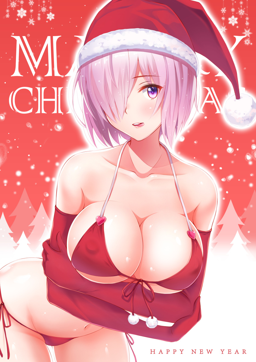 1girl absurdres alternate_costume arms_under_breasts bare_shoulders bent_over bikini blush breast_hold breasts christmas cleavage collarbone commentary_request covered_nipples cowboy_shot crossed_arms elbow_gloves english_text eyebrows_visible_through_hair fate/grand_order fate_(series) front-tie_bikini front-tie_top fur_trim gloves gradient gradient_background hair_over_one_eye happy_new_year hat heart highres large_breasts leaning_forward licking_lips looking_at_viewer ltt_challenger mash_kyrielight mixed-language_commentary navel new_year open_mouth parted_lips pink_hair red_bikini red_gloves red_headwear red_ribbon revision ribbon round_teeth santa_bikini santa_hat shiny shiny_skin short_hair side-tie_bikini smile snowflakes snowing solo standing stomach strap_gap swimsuit tareme teeth tongue tongue_out upper_teeth