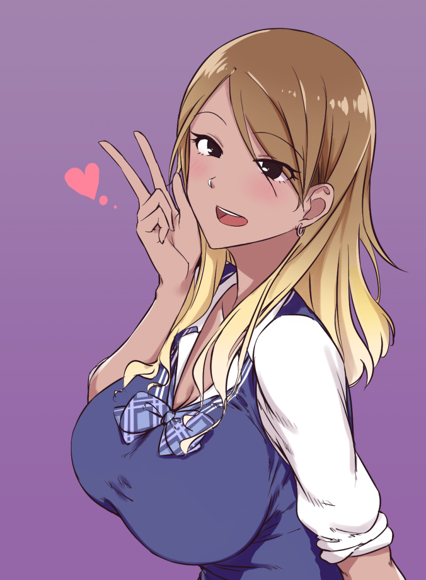 1girl aki_(aoirowings) black_eyes blonde_hair blue_bow blue_vest blush bow breasts brown_hair cardigan_vest cleavage collared_shirt dark_skin dress_shirt ear_piercing eyebrows_visible_through_hair eyes_visible_through_hair gradient gradient_background gradient_hair gyaru heart highres idolmaster idolmaster_shiny_colors izumi_mei large_breasts long_hair long_sleeves looking_at_viewer multicolored_hair open_mouth piercing plaid plaid_bow purple_background revision school_uniform shirt simple_background sleeves_rolled_up smile solo upper_body v vest white_shirt