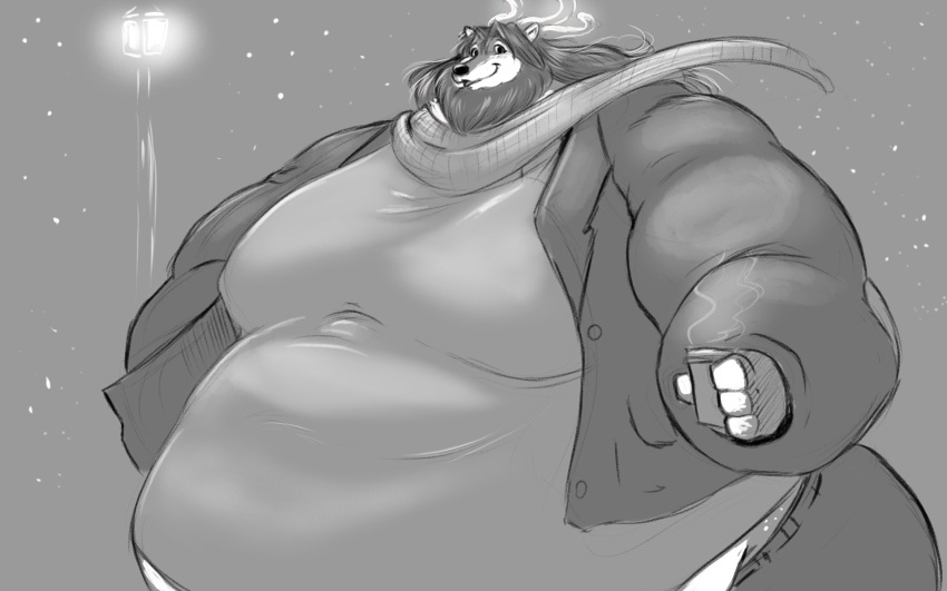 16:10 anthro antlers beard belly beverage big_belly capreoline cervid clothed clothing facial_hair fur greyscale hi_res holding_beverage holding_object horn male mammal monochrome moobs obese obese_male outside overweight overweight_male reindeer saintdraconis scarf smile snow solo street_lamp