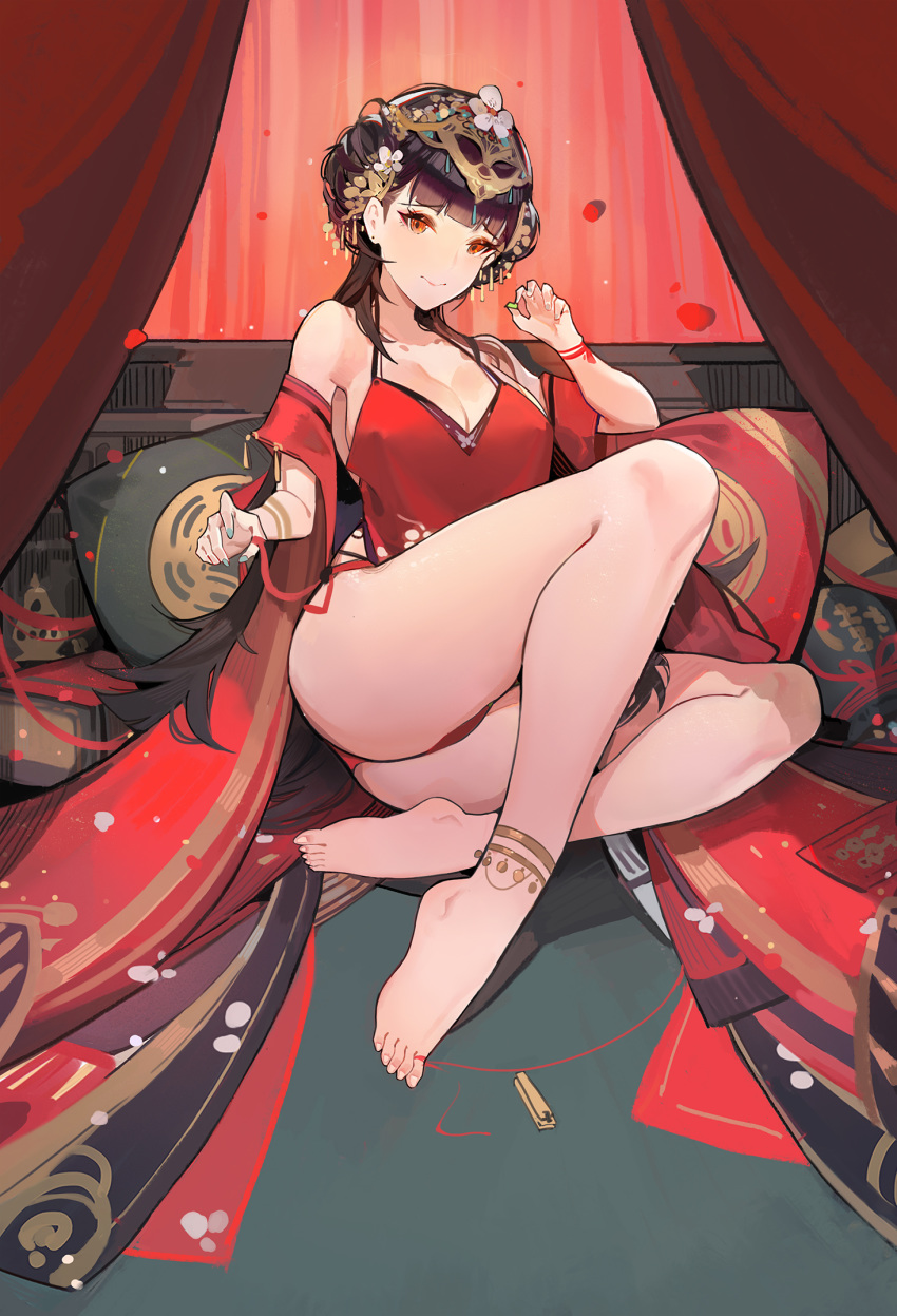 1girl :&gt; anklet aqua_nails ass azur_lane bangs bare_shoulders barefoot black_hair blunt_bangs breasts chinese_clothes cleavage closed_mouth curtains double_bun dudou fingernails headpiece highres incense_burner jewelry large_breasts looking_at_viewer nail_clippers nail_polish orange_eyes pillow plumw red_string sitting solo string thighs toenails toes yat_sen_(azur_lane)
