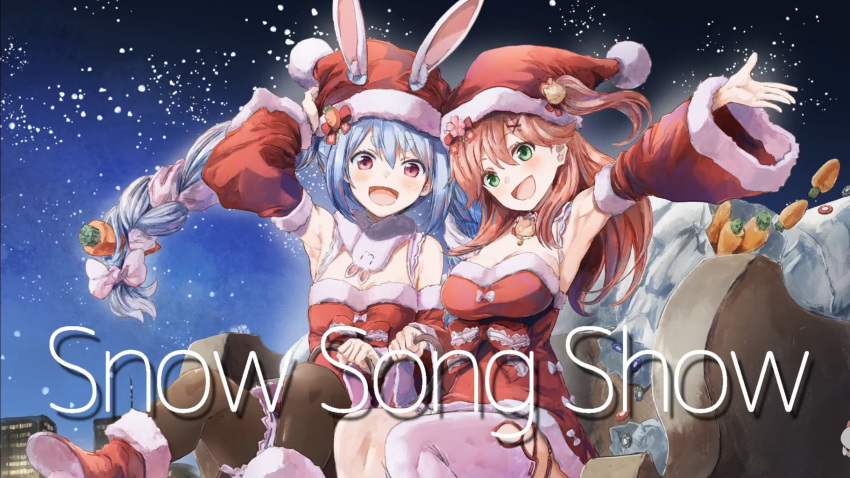 2girls animal_ears arm_up armpits bangs bell blue_hair boots bow braid breasts building bunny_ears bunny_girl carrot christmas cleavage detached_sleeves extra_ears eyebrows eyebrows_visible_through_hair green_eyes hair_bell hair_between_eyes hair_bow hair_ornament hairclip hat highres hololive long_braid looking_at_viewer medium_breasts multiple_girls night night_sky one_side_up open_mouth outdoors pantyhose pink_hair red_footwear sakura_miko santa_hat scarf sky sleigh small_breasts star_(sky) text_focus thighhighs usada_pekora virtual_youtuber white_legwear yohane