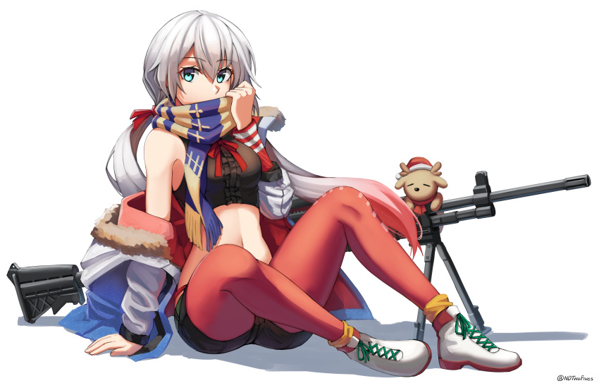 animal anthropomorphism girls_frontline gray_hair gun long_hair lwmmg_(girls_frontline) ndtwofives pantyhose scarf shorts signed twintails weapon white