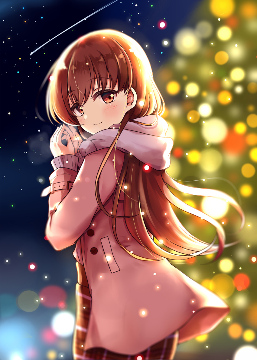 1girl alternate_costume blush brown_eyes brown_hair brown_skirt buttons christmas christmas_tree coat eyebrows_visible_through_hair highres jewelry kantai_collection long_hair long_sleeves night night_sky ooi_(kantai_collection) plaid plaid_skirt ring skirt sky smile solo soramuko star_(sky) starry_sky wedding_band