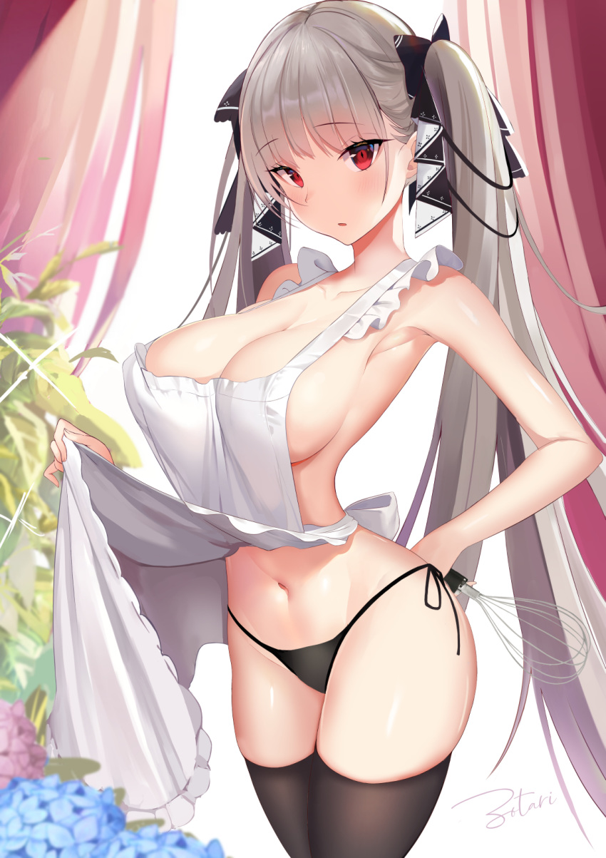 1girl apron armpits azur_lane bangs bare_shoulders black_legwear black_panties blush breasts christmas cleavage collarbone eyebrows_visible_through_hair formidable_(azur_lane) grey_hair groin hair_ribbon highres holding_whisk indoors large_breasts long_hair looking_at_viewer navel open_mouth panties red_eyes ribbon shiny shiny_skin sidelocks skindentation solo stomach thighhighs twintails two-tone_ribbon underwear very_long_hair zotari