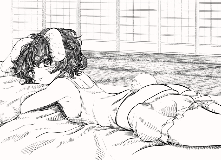 1girl :3 animal_ears armpits ass back bare_arms bare_shoulders bloomers bloomers_pull breasts bunny_ears bunny_tail camisole closed_mouth floppy_ears from_side head_rest highres inaba_tewi indoors looking_at_viewer looking_to_the_side lying monochrome on_stomach pillow sakayan4 short_hair sideboob small_breasts solo tail tatami touhou underwear underwear_only