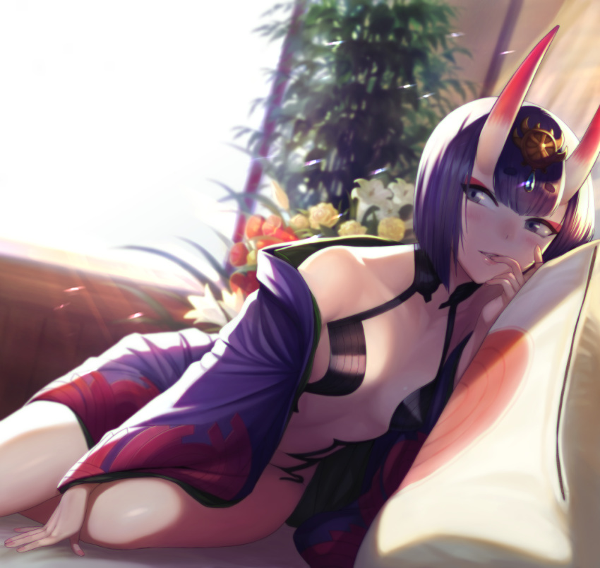 1girl backlighting bajima_shouhei bangs blurry blush breasts couch depth_of_field eyebrows_visible_through_hair eyeshadow fate/grand_order fate_(series) finger_in_mouth flower highres horns indoors japanese_clothes kimono leaning_to_the_side lips looking_at_viewer lying makeup off_shoulder oni oni_horns parted_lips pillow plant purple_eyes purple_hair reclining short_hair shuten_douji_(fate/grand_order) sitting skin-covered_horns small_breasts smile solo sunlight window