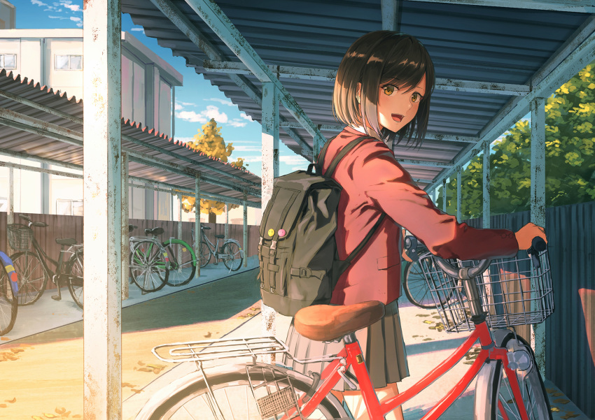 1girl :d backpack bag bicycle bicycle_basket blue_sky brown_eyes brown_hair brown_skirt cardigan cloud commentary_request corrugated_galvanised_iron_sheet cowboy_shot day eyebrows_visible_through_hair fence from_side ground_vehicle highres long_sleeves looking_at_viewer looking_to_the_side open_mouth original outdoors pin pleated_skirt revision school shirt short_hair skirt sky smile solo standing sugi87 tree walking_bike white_shirt window