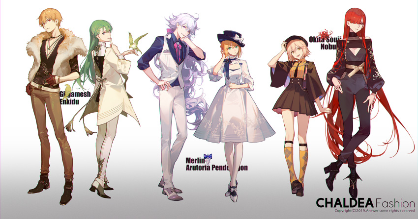 animal artoria_pendragon_(all) asukaziye bird blonde_hair boots bow braids choker dress enkidu fate/grand_order fate_(series) gilgamesh gloves gradient green_eyes green_hair group hat kneehighs long_hair male merlin_(fate/grand_order) necklace nobunaga_oda_(fate) okita_souji_(fate) pink_hair purple_eyes red_eyes red_hair ribbons saber short_hair skirt tie white_hair wristwear