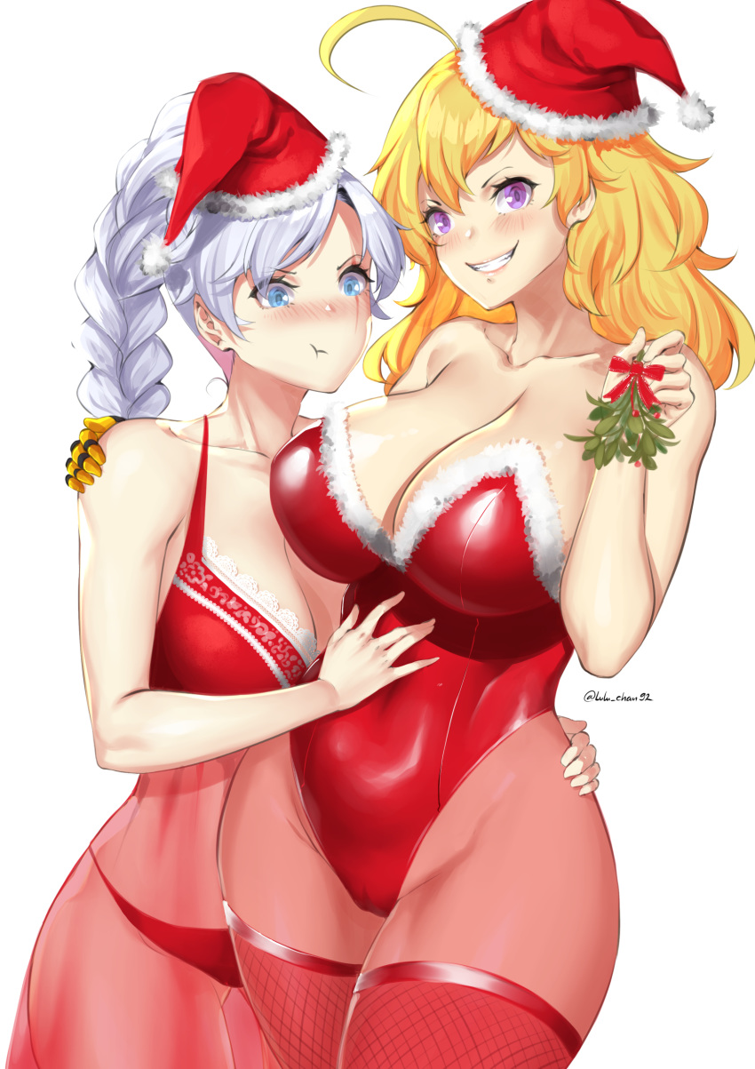 2girls absurdres ahoge artist_name blonde_hair blue_eyes blush braided_ponytail breast_envy breasts christmas cleavage collarbone fishnet_legwear fishnets grin hand_on_hip hat highres holiday large_breasts leather lingerie looking_at_breasts lulu-chan92 medium_breasts mistletoe multiple_girls panties prosthesis prosthetic_arm purple_eyes rwby santa_hat scar scar_across_eye see-through shiny shiny_clothes smile smirk thighhighs twitter_username underwear weiss_schnee white_background white_hair yang_xiao_long