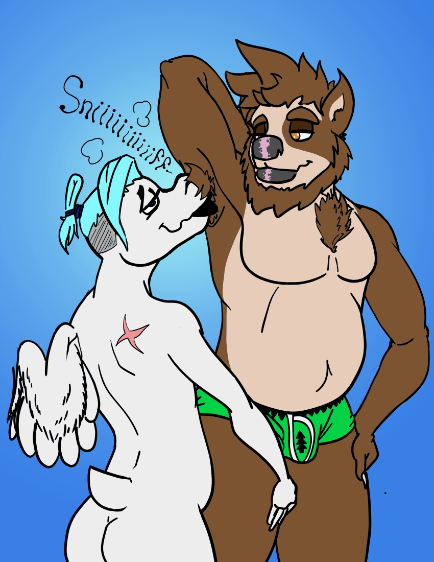 2019 absurd_res anthro armpit_fetish armpit_hair body_hair bulge butt canid canine clothed clothing couple_(disambiguation) digital_media_(artwork) duo flynt_(flyntdraws) fur girly hair hi_res humanoid invalid_tag male male/male mammal musk noodle_(zenarator) nude open_mouth raised_arm reptile scalie simple_background smell smelly smile snake text wings zenarator_(artist)