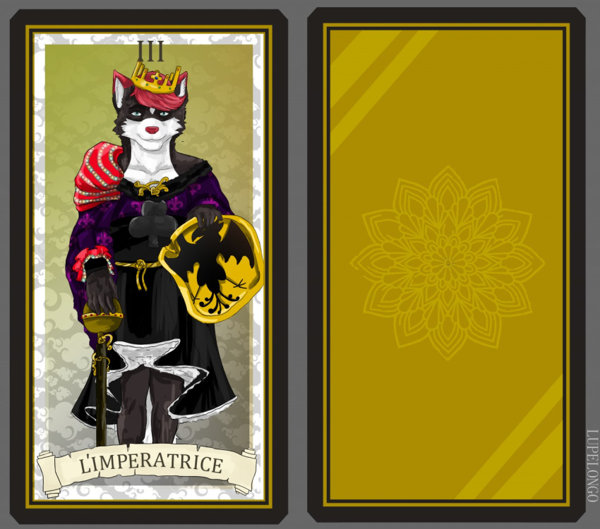 2019 canid canine canis card clothed clothing crown digital_media_(artwork) female fortune_telling hair invalid_color japanese_cloud liz looking_at_viewer lupelongo mammal medieval shield simple_background sky solo tarot tarot_card wolf