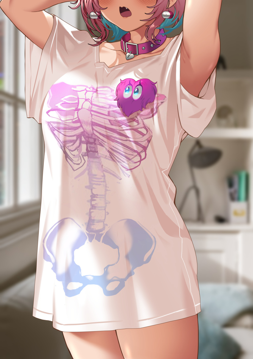 1girl absurdres bedroom blue_hair blush breasts bsue collar collarbone fang head_out_of_frame heart heart-shaped_lock heart_collar highres idolmaster idolmaster_cinderella_girls indoors large_breasts multicolored_hair open_mouth pill_earrings pink_collar pink_hair shirt short_hair short_sleeves skeleton_print solo standing t-shirt two-tone_hair white_shirt yumemi_riamu