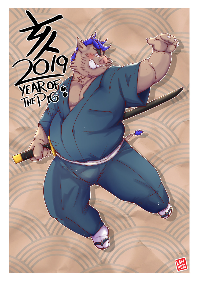 2019 absurd_res anthro belly blush chinese_new_year clothing english_text hi_res kamui_shirow male mammal melee_weapon overweight overweight_male robe solo suid suina sus_(pig) sword text weapon wild_boar year_of_the_pig