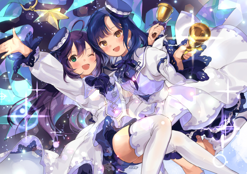 2girls blue_hair green_eyes idolmaster_million_live! long_hair mochizuki_anna nanao_yuriko nys purple_hair short_hair thighhighs