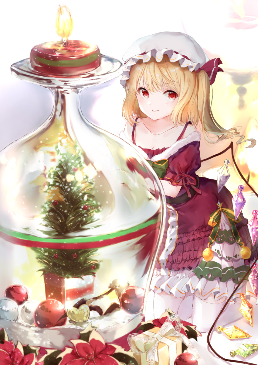 1girl alternate_costume bangs bare_shoulders blonde_hair bow box candle christmas christmas_dress christmas_ornaments christmas_tree closed_mouth collarbone crystal dress drill_hair flandre_scarlet flower frilled_dress frills fur_trim gift gift_box glass green_bow happiness_lilys hat hat_ribbon highres kneeling looking_to_the_side mob_cap petticoat poinsettia red_dress red_ribbon ribbon short_hair short_sleeves side_ponytail simple_background smile solo thighhighs touhou white_background white_headwear white_legwear wings zettai_ryouiki