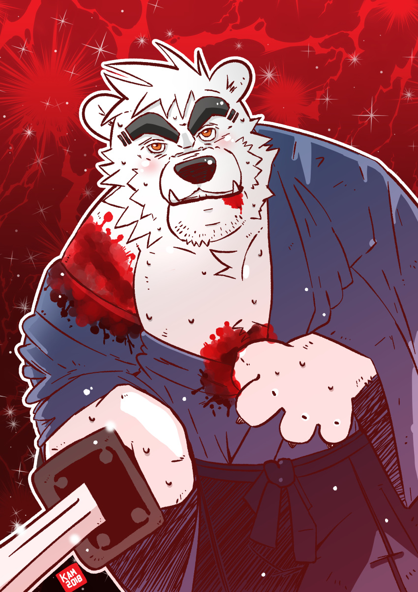 2018 absurd_res anthro blood bodily_fluids clothing fur hi_res humanoid_hands kamui_shirow male mammal melee_weapon polar_bear robe scar slightly_chubby solo sweat sword ursid ursine weapon white_body white_fur