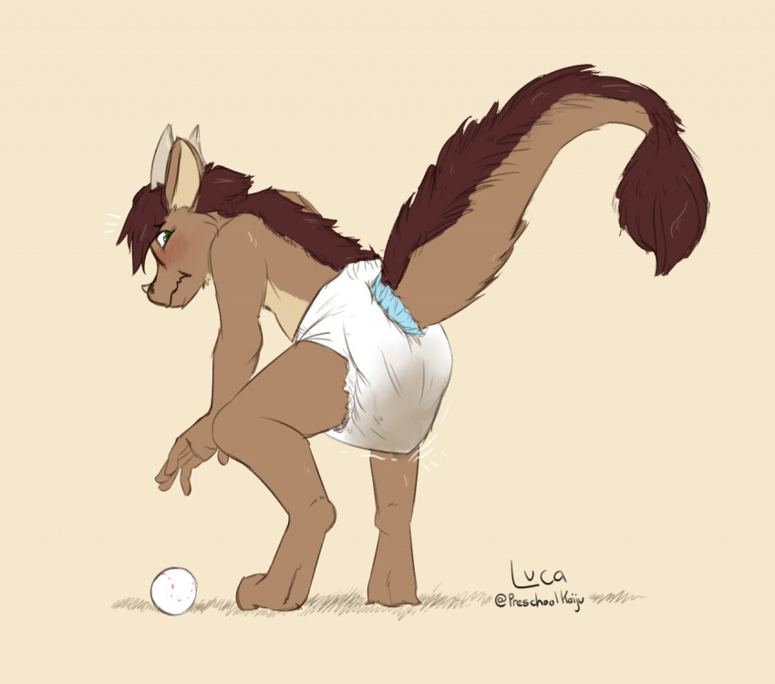 2019 baseball_(disambiguation) bent_over blush diaper dragon feces fur furgonomics furred_dragon green_eyes looking_back messy_diaper puptaire simple_background soiling solo squatting_position standing