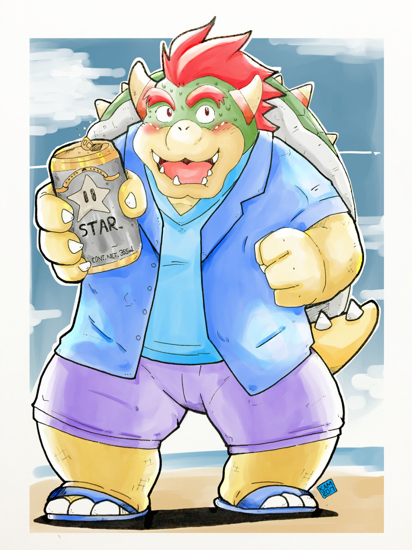 2017 anthro blush bottomwear bowser can clothing hi_res humanoid_hands kamui_shirow koopa mario_bros nintendo overweight scalie shirt shorts solo topwear video_games