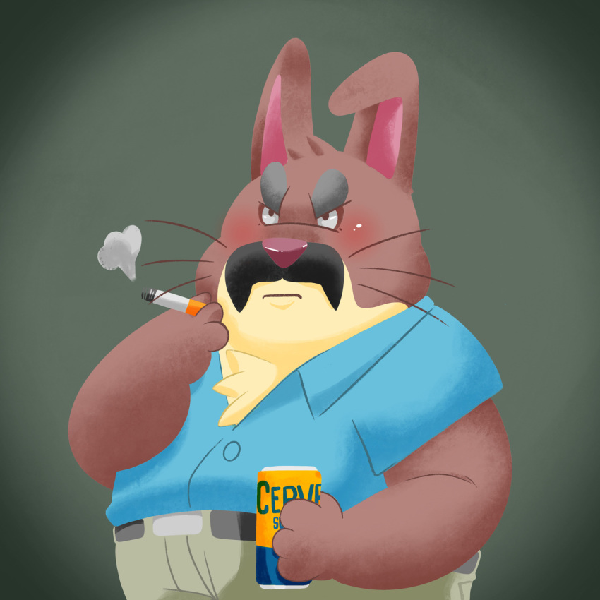 1:1 2019 alcohol angry anthro beer beverage bottomwear clothing facial_hair hi_res humanoid_hands kamui_shirow lagomorph leporid male mammal mustache overweight overweight_male pants rabbit shirt smoking solo topwear