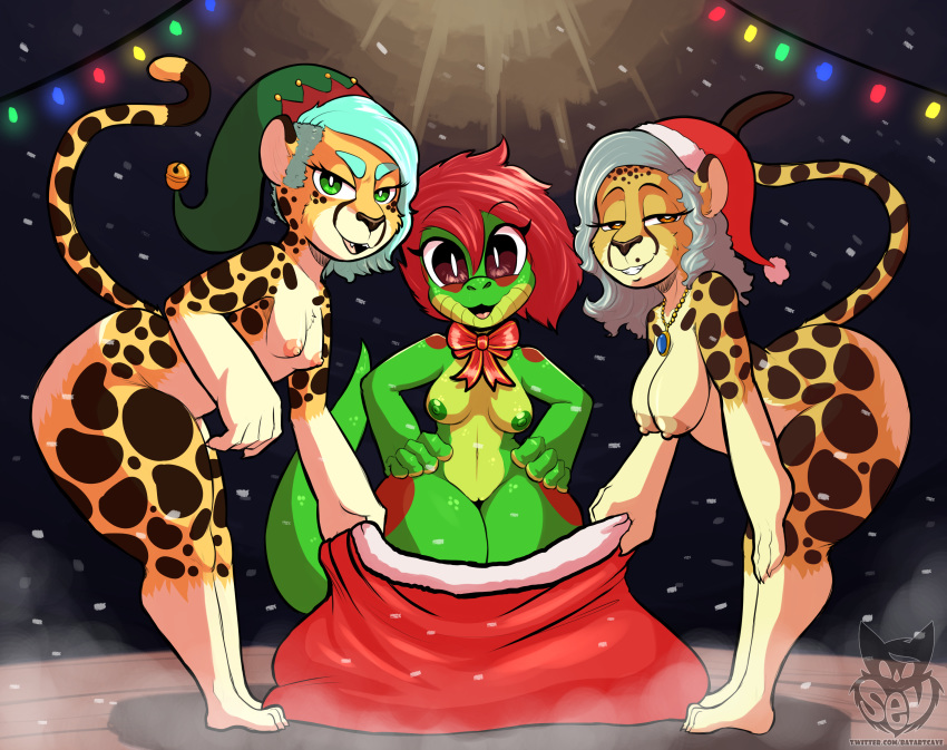 2019 absurd_res alissa_(batartcave) amber_(pelao0o) anthro areola batartcave black_spots breast_size_difference breasts cheetah christmas clothing daughter felid feline female fur gecko green_areola green_eyes green_nipples group hair hat hat_only headgear headwear hi_res holidays jade_(pelao0o) lizard looking_at_viewer mammal mostly_nude mother mother_and_child mother_and_daughter multicolored_body multicolored_fur nipples open_mouth parent parent_and_child pussy reptile santa_hat scalie spots tongue