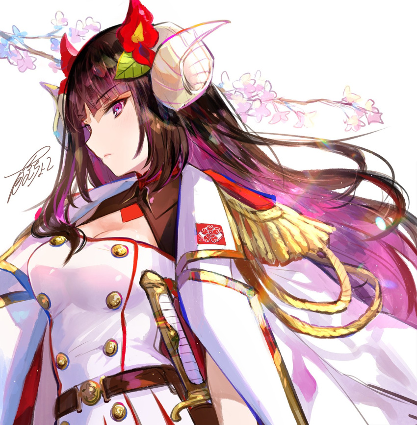 1girl aiguillette azur_lane belt breasts brown_hair cleavage commentary_request curled_horns double-breasted dress epaulettes expressionless flower fuji_choko hair_flower hair_ornament highres jacket_on_shoulders long_hair looking_at_viewer medium_breasts military military_uniform purple_eyes sheath sheathed signature solo suruga_(azur_lane) sword tree_branch uniform upper_body weapon white_background white_coat white_dress
