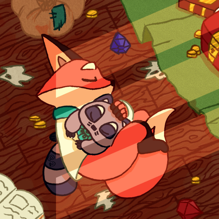 1:1 canid canine cartoon_network coin cuddling fox gem hi_res hug male male/male mammal mao_mao:_heroes_of_pure_heart procyonid raccoon reggie_(mao_mao:_heroes_of_pure_heart) rufus_(mao_mao:_heroes_of_pure_heart) shapeshiftinterest sleeping thief