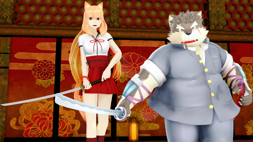 16:9 2019 animal_humanoid anthro belly breasts brown_hair canid canid_humanoid canine canine_humanoid canis clothed clothing domestic_dog fate_(series) female fox_humanoid hair holding_object holding_sword holding_weapon humanoid katana long_hair looking_at_viewer male malicekira mammal mammal_humanoid melee_weapon moritaka overweight overweight_male saber_suzuka_gozen scar slightly_chubby sword tokyo_afterschool_summoners video_games weapon