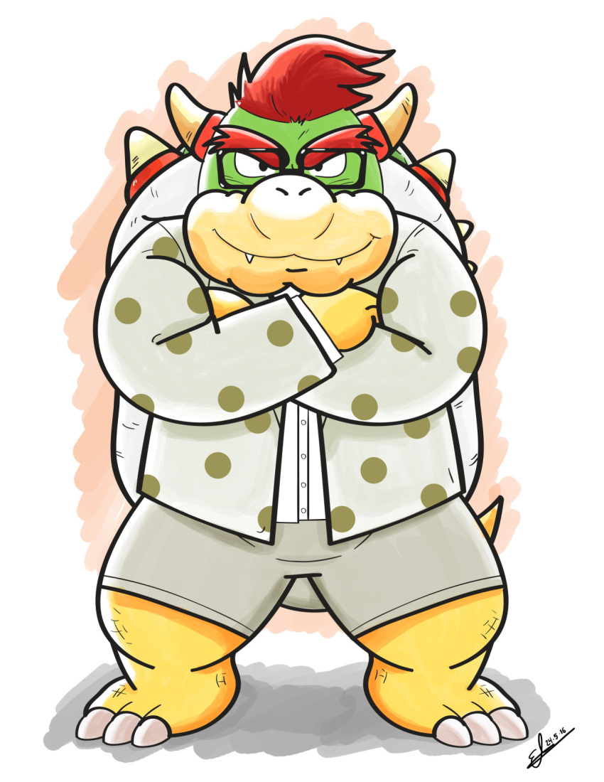 2016 anthro bottomwear bowser clothing cute_fangs eyewear glasses hi_res kamui_shirow koopa mario_bros nintendo scalie shirt shorts slightly_chubby solo topwear video_games