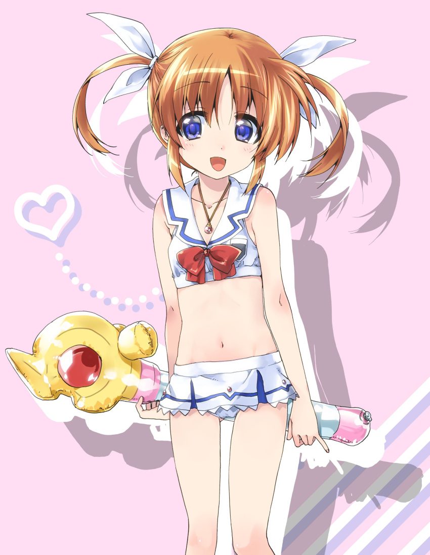 1girl absurdres adapted_costume bikini bikini_skirt blue_eyes bow bowtie brown_hair commentary eyebrows_visible_through_hair hair_ribbon heart highres holding_toy inflatable_toy jewelry kuroi_mimei looking_at_viewer lyrical_nanoha mahou_shoujo_lyrical_nanoha navel necklace object_behind_back open_mouth pinky_out raising_heart red_neckwear ribbon sailor_bikini sailor_collar shadow short_hair silhouette smile solo standing swimsuit takamachi_nanoha twintails white_bikini white_ribbon