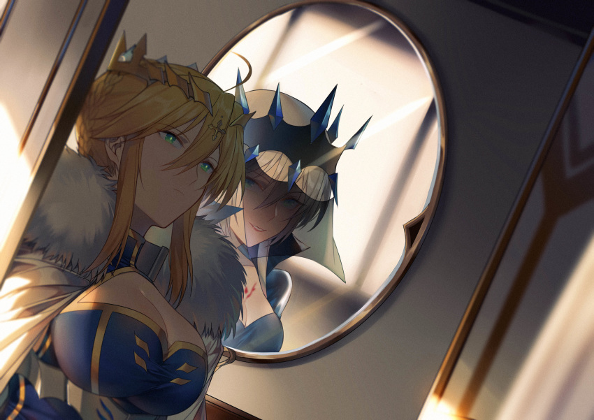 2girls absurdres artoria_pendragon_(all) artoria_pendragon_(lancer) blonde_hair braid breasts cape cleavage crown dutch_angle fate/grand_order fate_(series) french_braid fur-trimmed_cape fur_trim green_eyes hair_between_eyes highres large_breasts medium_breasts mirror morgan_le_fay_(fate) multicolored_hair multiple_girls parted_lips red_lips smile upper_body veil yorukun