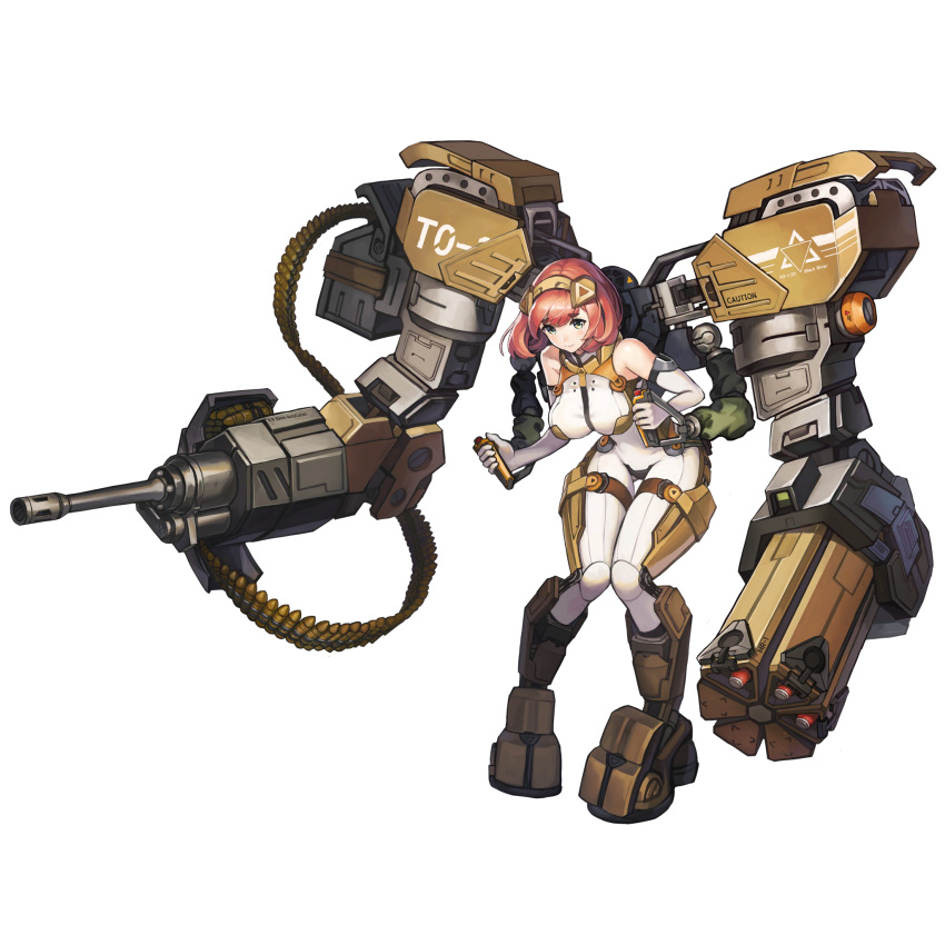 1girl a-6_io bangs blue_eyes blush bodysuit boots breasts chain_gun eyebrows_visible_through_hair full_body hair_between_eyes hairband highres large_breasts last_origin looking_at_viewer official_art paintale power_suit red_hair rocket_launcher short_hair solo tachi-e transparent_background weapon