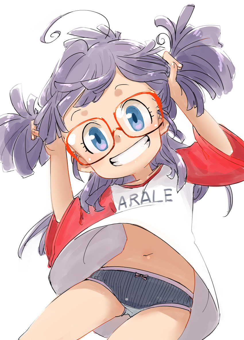 1girl absurdres adjusting_hair ahoge bangs bow bow_panties character_name clothes_writing commentary_request cowboy_shot crotch_seam dr._slump grin hamahara_yoshio hand_in_hair head_tilt highres leaning_to_the_side long_hair looking_at_viewer navel no_pants norimaki_arale panties purple_eyes purple_hair purple_panties raglan_sleeves red-framed_eyewear shirt short_sleeves simple_background smile solo standing striped underwear vertical-striped_panties vertical_stripes white_background white_shirt