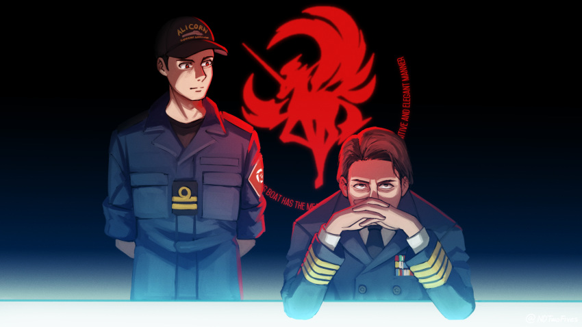 2boys ace_combat ace_combat_7 alicorn_(ace_combat) arms_behind_back baseball_cap black_headwear black_necktie blue_jacket brown_eyes brown_hair closed_mouth clothes_writing commentary covered_mouth english_commentary english_text gendou_pose hat highres jacket long_sleeves looking_at_another looking_away looking_to_the_side male_focus matias_torres military_jacket multiple_boys ndtwofives necktie neon_genesis_evangelion own_hands_clasped own_hands_together red_eyes shirt short_sleeves sitting standing unicorn white_shirt
