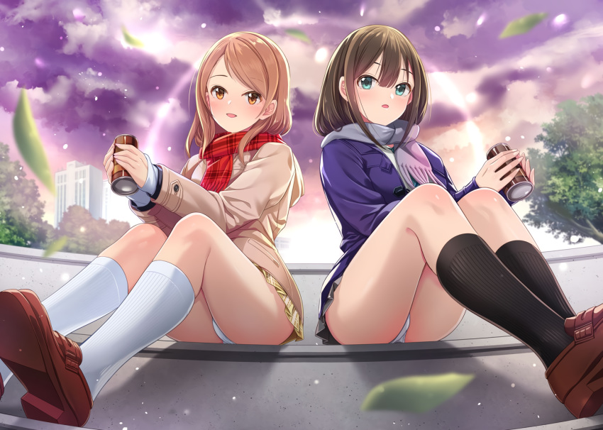 2girls drink houjou_karen idolmaster idolmaster_cinderella_girls kazu panties scarf school_uniform shibuya_rin underwear