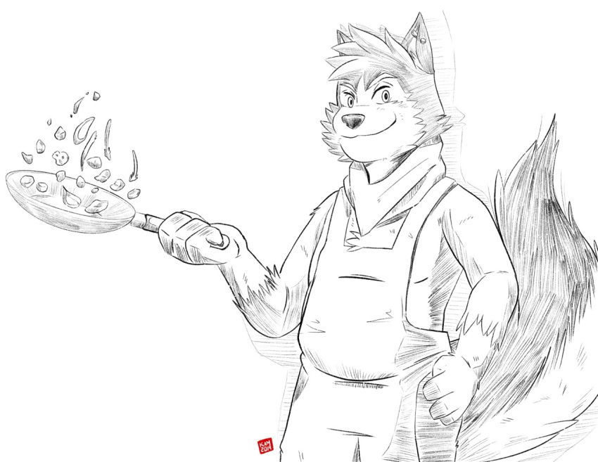 2019 anthro apron canid canine canis clothing cooking humanoid_hands kamui_shirow mammal simple_background solo wolf