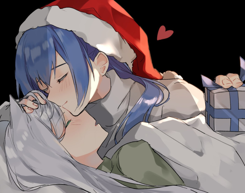 2girls aogisa blanket blue_hair christmas christmas_gift closed_eyes dp-12_(girls_frontline) forehead_kiss girls_frontline hat kiss ksvk_(girls_frontline) mother_and_daughter multiple_girls santa_hat silver_hair sleeping