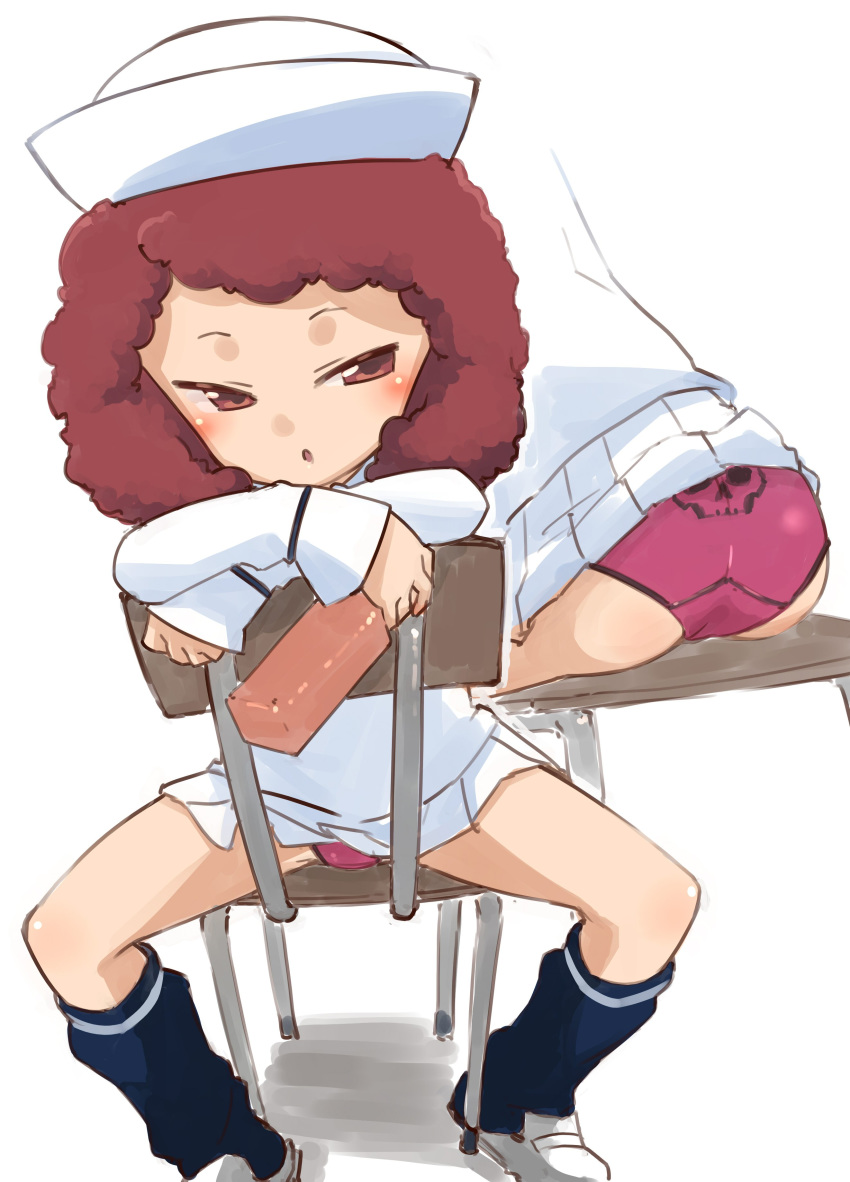 1girl absurdres back-print_panties beer_bottle blouse bottle chair commentary crotch_seam curly_hair dixie_cup_hat girls_und_panzer half-closed_eyes hamahara_yoshio hat highres holding holding_bottle loafers long_sleeves looking_at_viewer loose_socks military_hat miniskirt multiple_views navy_blue_legwear ooarai_naval_school_uniform open_mouth panties pleated_skirt print_legwear print_panties purple_panties red_eyes red_hair rum_(girls_und_panzer) sailor sailor_collar school_chair school_uniform shoes short_hair simple_background sitting sitting_backwards skirt skull_print socks solo underwear white_background white_blouse white_footwear white_headwear white_skirt