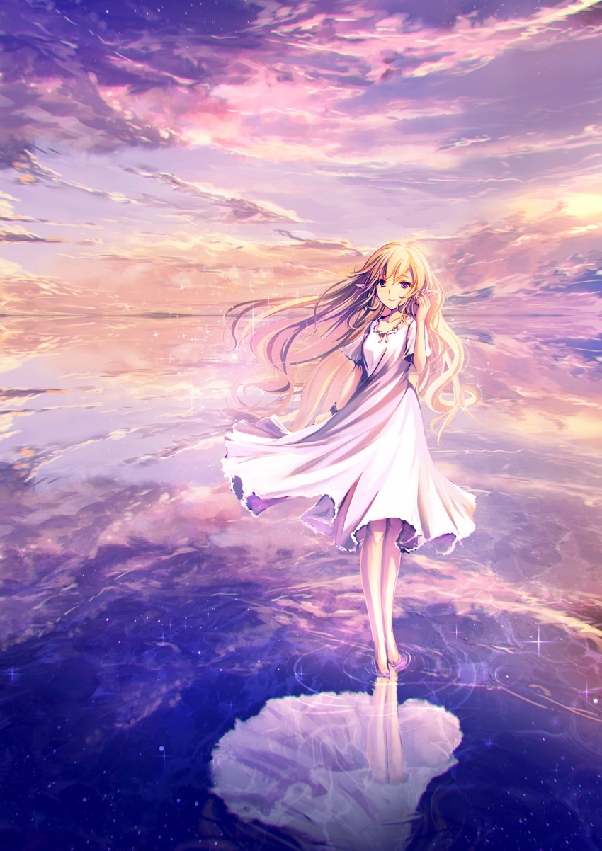 1girl adjusting_hair air_bubble blonde_hair breasts bubble cloud cloudy_sky collarbone commentary_request dress eyebrows_visible_through_hair floating_hair hair_between_eyes highres long_hair looking_at_viewer original pointy_ears purple_eyes reflection reflective_water short_sleeves sky small_breasts smile solo sparkle standing standing_on_liquid tenmaso wading water white_dress