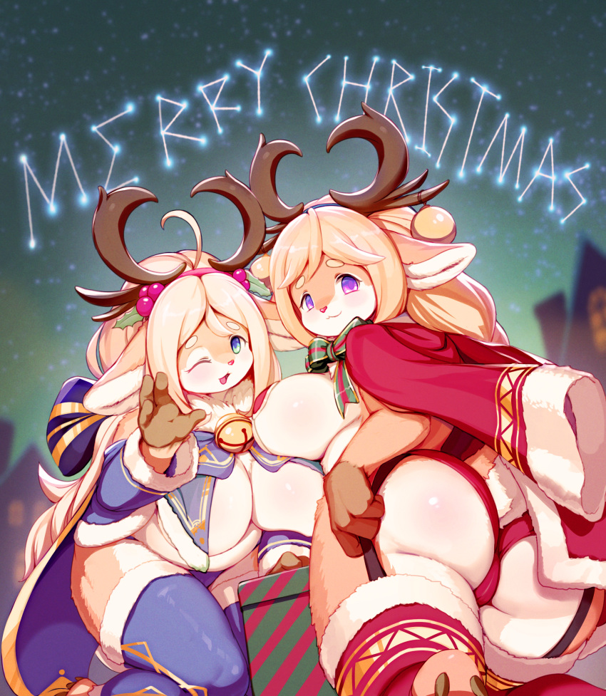 2019 absurd_res anthro antlers big_breasts blush breasts butt capreoline cervid christmas clothing female fur gift hair hi_res holidays horn kemono legwear mammal reindeer smile thigh_highs whooo-ya