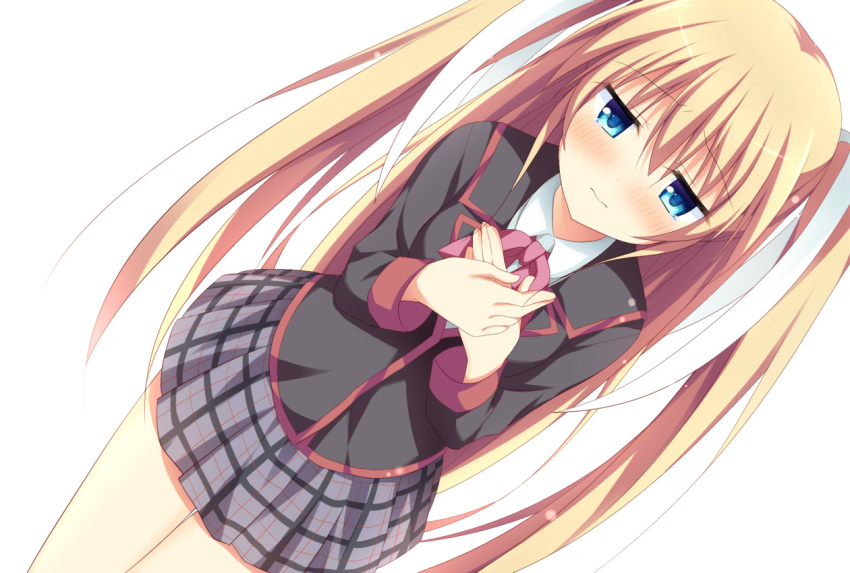 1girl blue_eyes blush dutch_angle hair_ribbon hands_up korokoro_cat little_busters! long_hair long_sleeves looking_at_viewer plaid plaid_skirt ribbon school_uniform simple_background skirt solo tokido_saya twintails white_background white_ribbon