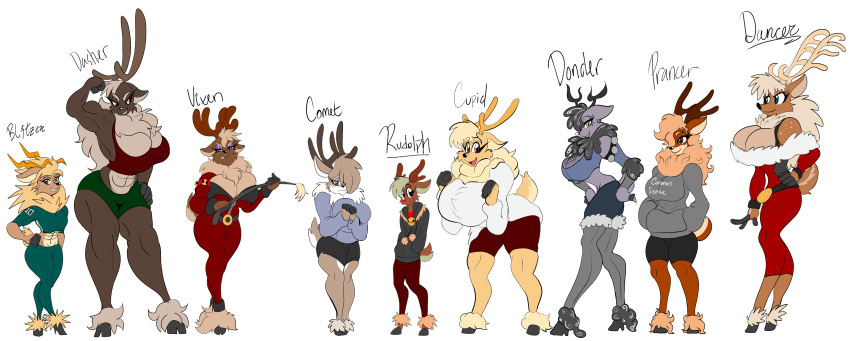 abs absurd_res anthro big_breasts breast_size_difference breasts capreoline cervid chest_tuft cleavage clothed clothing female group hand_on_hip hi_res huge_breasts larger_female male mammal muscular muscular_female reindeer size_difference smaller_female smaller_male solratic tuft