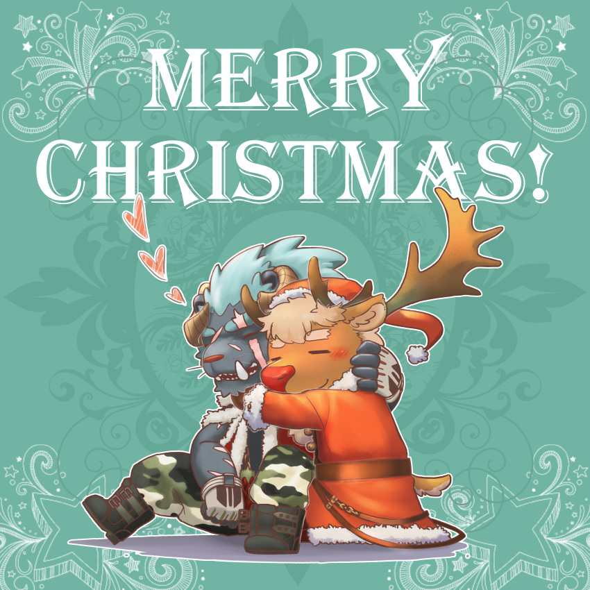 &lt;3 1:1 absurd_res antlers blush capreoline cervid chibi clothed clothing demon felid fingerless_gloves fur gakugon95 gloves hair handwear hi_res horn hug krampus_(housamo) lion male male/male mammal mane mane_hair orange_body orange_fur pantherine red_nose reindeer tokyo_afterschool_summoners video_games youl