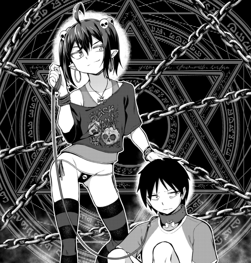 1boy 1girl ahoge ass_visible_through_thighs bags_under_eyes collar commentary contrapposto cross cross_necklace dog_collar dog_lead earrings english_commentary femdom flat_chest ghettoyouth greyscale hair_bobbles hair_ornament highres hoop_earrings huge_ahoge jewelry leash lowleg lowleg_panties magic_circle monochrome necklace no_pants off-shoulder_shirt off_shoulder original panties pentagram pet_play petite petting pointy_ears shirt short_twintails side-tie_panties skull_hair_ornament slit_pupils smirk smug striped striped_legwear tank_top thighhighs twintails underwear