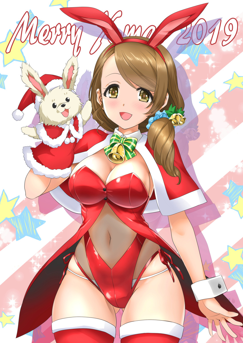 1girl 2019 :d absurdres animal_ears ass_visible_through_thighs bangs bell blue_scrunchie blush bow bowtie breasts brown_eyes brown_hair bunny_ears bunnysuit capelet cleavage eyebrows_visible_through_hair fake_animal_ears green_bow hair_bell hair_ornament hair_scrunchie hand_puppet hand_up highres idolmaster idolmaster_cinderella_girls large_breasts leotard long_hair merry_christmas mitarashi_kousei mochida_arisa navel open_mouth panties puppet red_capelet red_legwear red_leotard scrunchie see-through side-tie_leotard skindentation smile solo standing star string_panties striped striped_bow thighhighs underwear white_panties wrist_cuffs