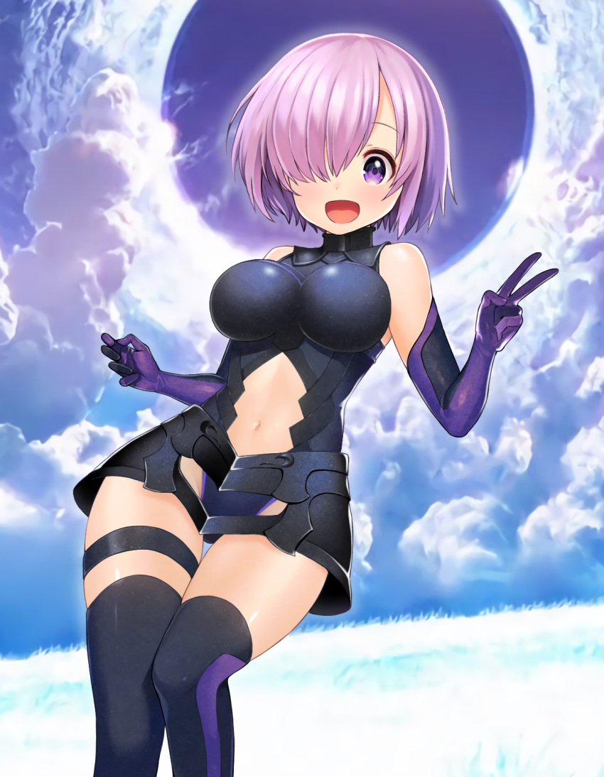 1girl :d armor armored_dress bare_shoulders black_legwear blush breasts dress elbow_gloves fate/grand_order fate_(series) gloves groin hair_over_one_eye highres large_breasts lavender_hair looking_at_viewer mash_kyrielight medium_hair navel navel_cutout open_mouth outdoors purple_eyes purple_hair skin_tight skindentation sleeveless sleeveless_dress smile solo thigh_gap thigh_strap thighs v yoshi8357
