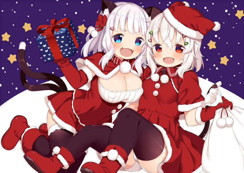 2girls :d animal_ear_fluff animal_ears bangs black_legwear blue_eyes boots bow box breasts capelet cat_ears cat_girl cat_tail cleavage commentary_request dress elbow_gloves eyebrows_visible_through_hair fang fur-trimmed_capelet fur-trimmed_dress fur-trimmed_gloves fur-trimmed_hat fur-trimmed_sleeves fur_trim gift gift_box gloves hair_between_eyes hair_bow hair_ornament hairclip hat heart holding holding_gift holding_sack medium_breasts muku_(muku-coffee) multiple_girls multiple_tails open_mouth original panties pleated_skirt red_bow red_capelet red_dress red_eyes red_fur red_headwear red_skirt sack santa_costume santa_hat sheeney_(muku) shiro_(muku) skirt small_breasts smile star tail thighhighs thighhighs_under_boots tilted_headwear two_tails underwear white_hair white_panties